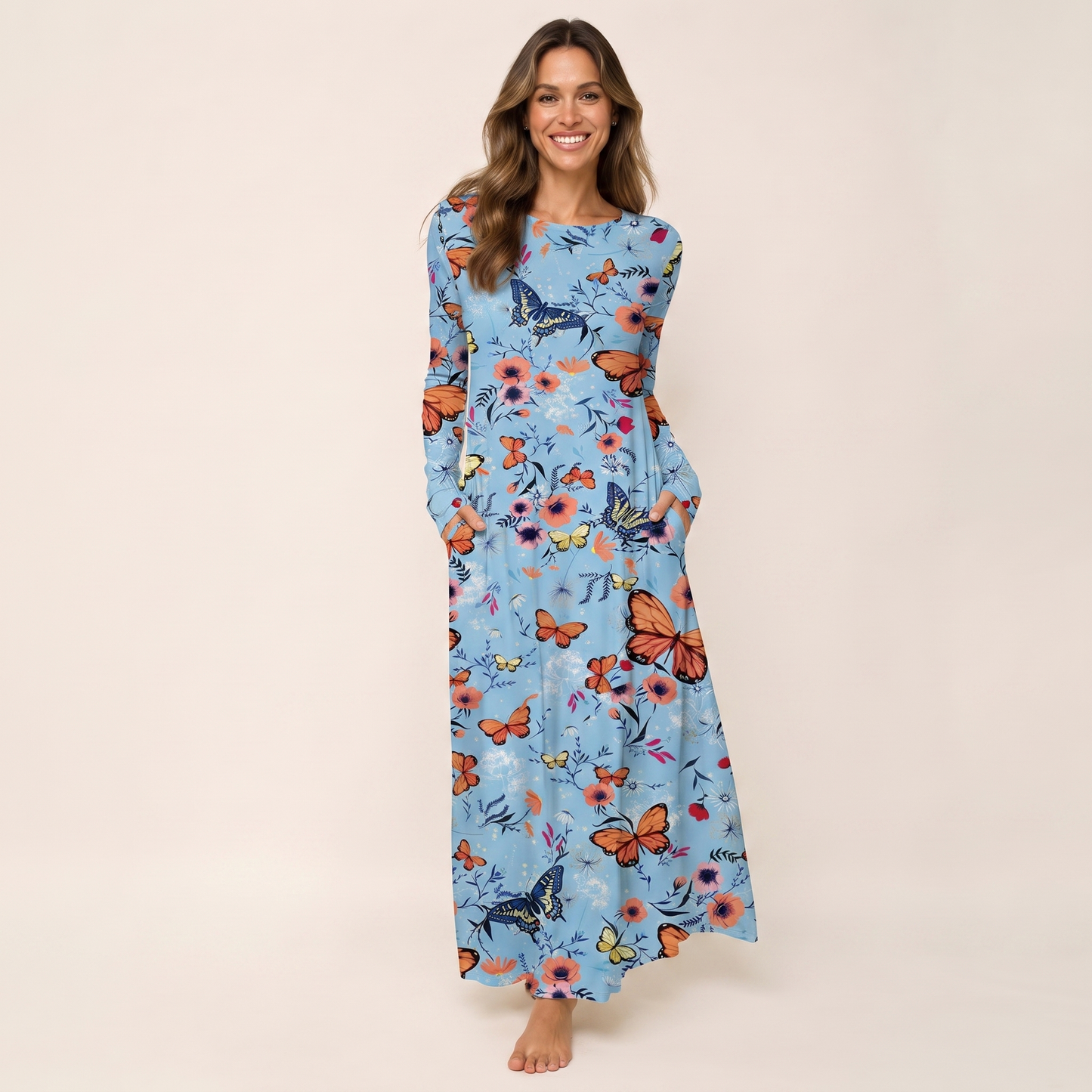 Butterfly Blossom Print Soft-Touch Stretch Knit Long Sleeve Maxi Dress with Pockets