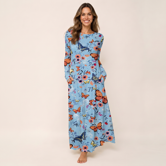 Butterfly Blossom Print Soft-Touch Stretch Knit Long Sleeve Maxi Dress with Pockets