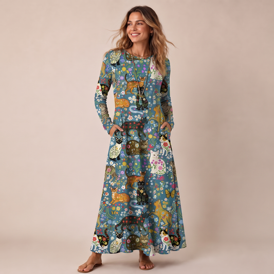 Colorful Garden Cat Pattern Print Soft-Touch Stretch Knit Long Sleeve Maxi Dress with Pockets