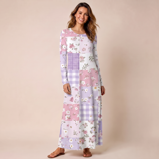 Sweet Cottage Patchwork Print Soft-Touch Stretch Knit Long Sleeve Maxi Dress with Pockets