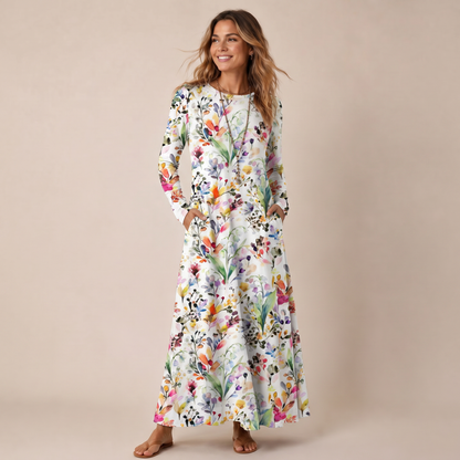Watercolor Wildflower Garden Print Soft-Touch Stretch Knit Long Sleeve Maxi Dress with Pockets