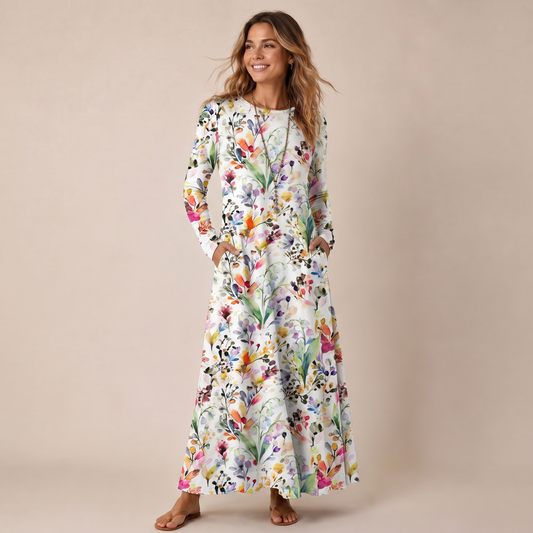 Watercolor Wildflower Garden Print Soft-Touch Stretch Knit Long Sleeve Maxi Dress with Pockets