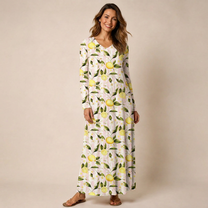 Lemon Grove Sunshine Print Soft-Touch Stretch Knit Long Sleeve Maxi Dress with Pockets