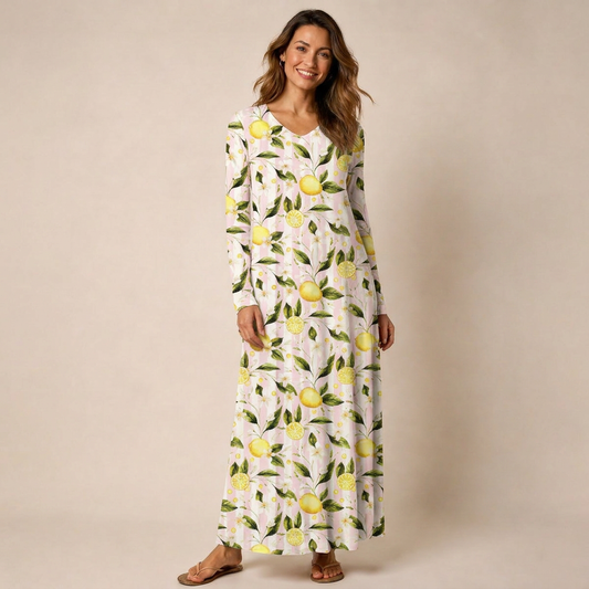 Lemon Grove Sunshine Print Soft-Touch Stretch Knit Long Sleeve Maxi Dress with Pockets