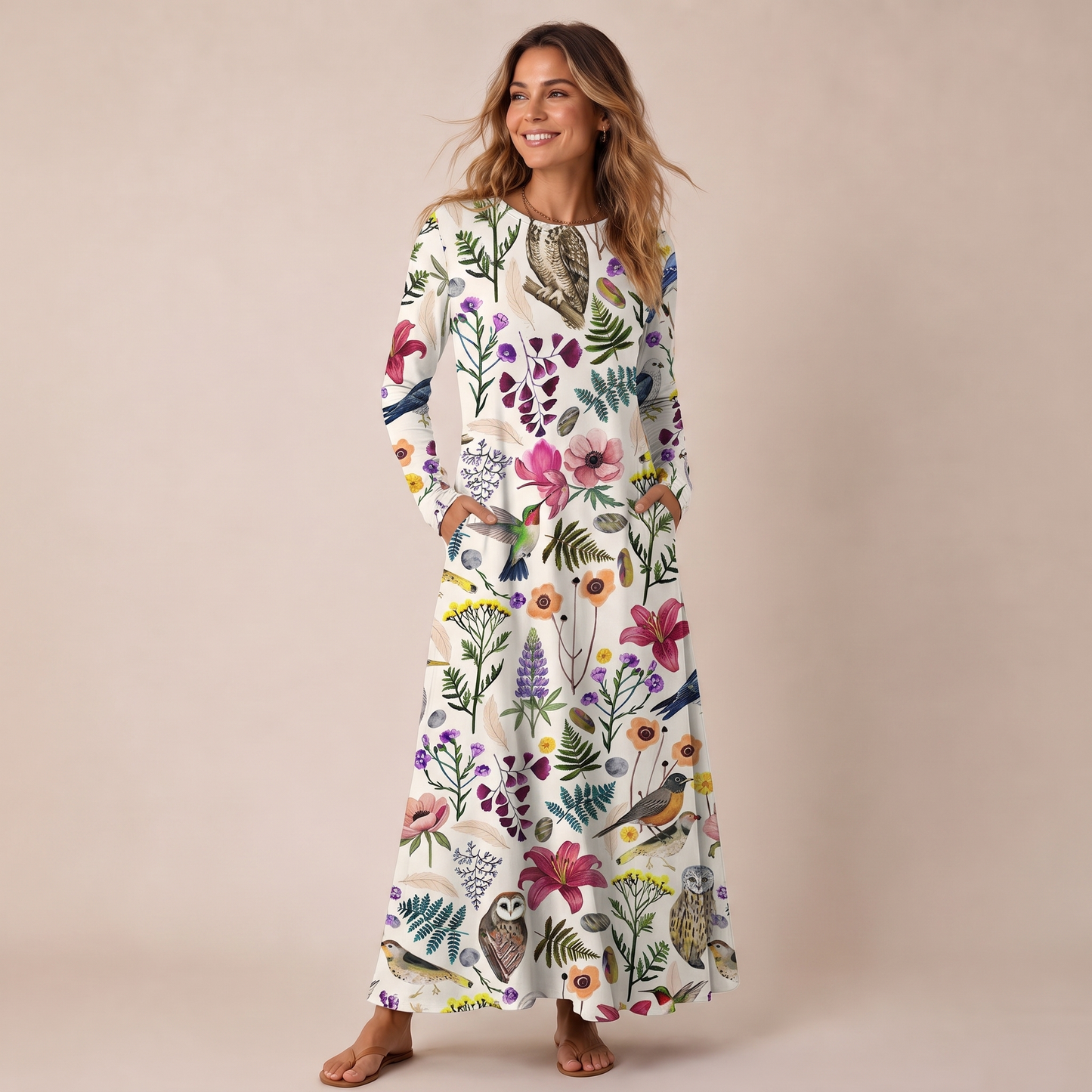 Whimsical Woodland Birds Wildflowers Print Soft-Touch Stretch Knit Long Sleeve Maxi Dress with Pockets