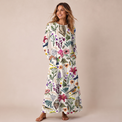 Whimsical Woodland Birds Wildflowers Print Soft-Touch Stretch Knit Long Sleeve Maxi Dress with Pockets