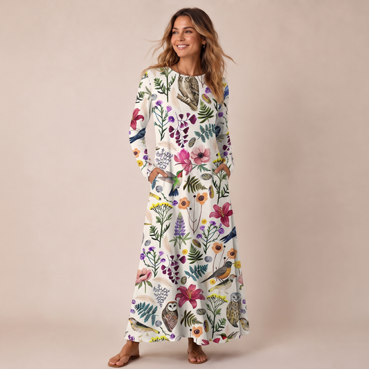 Whimsical Woodland Birds Wildflowers Print Soft-Touch Stretch Knit Long Sleeve Maxi Dress with Pockets