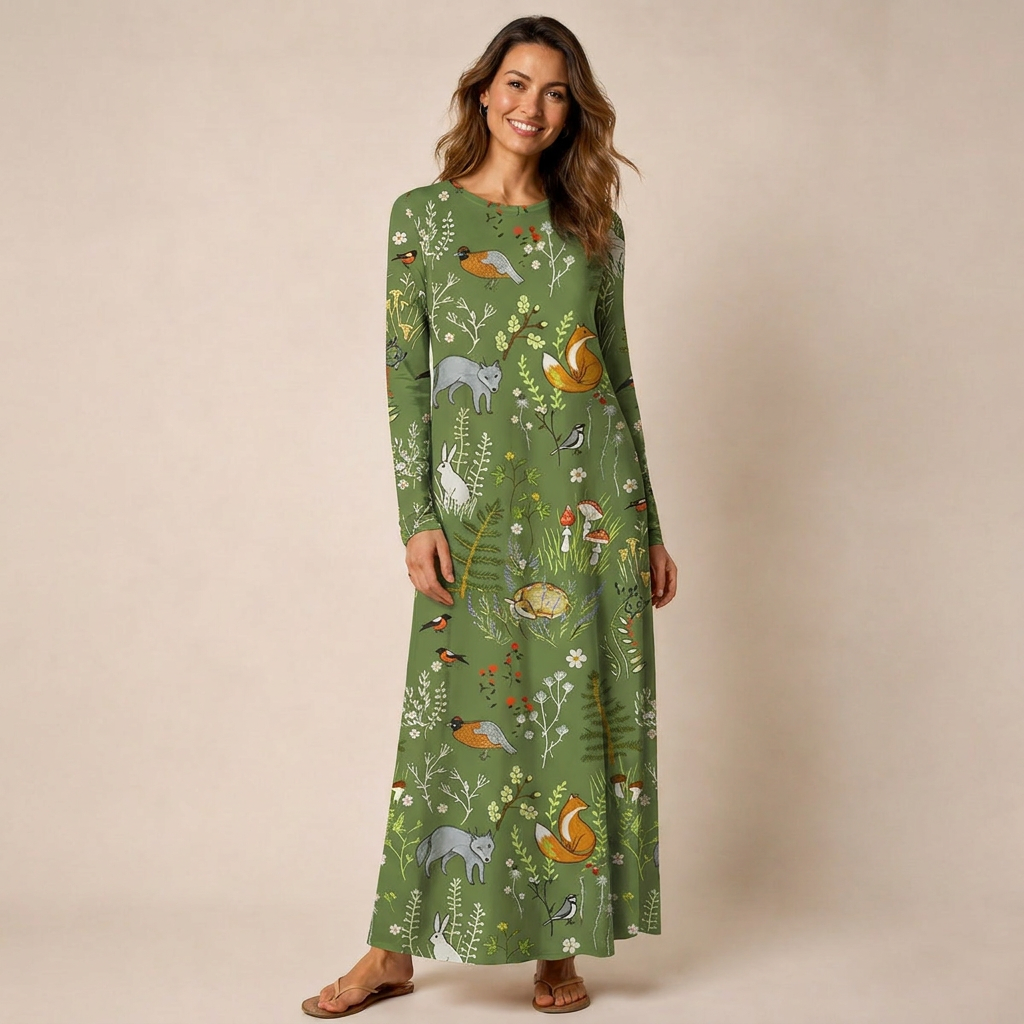Whimsical Woodland Animals Print Soft-Touch Stretch Knit Long Sleeve Maxi Dress with Pockets