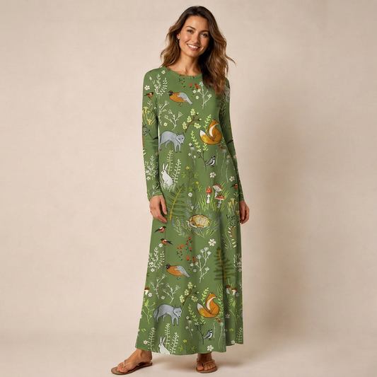 Whimsical Woodland Animals Print Soft-Touch Stretch Knit Long Sleeve Maxi Dress with Pockets