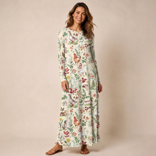 Countryside Garden Critter Print Soft-Touch Stretch Knit Long Sleeve Maxi Dress with Pockets