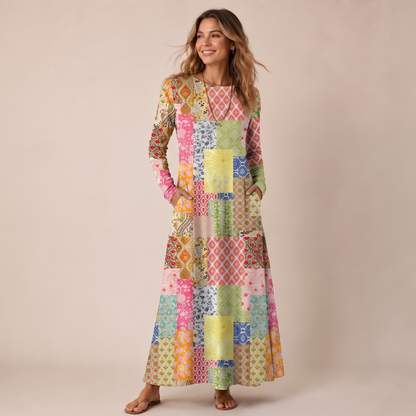 Colorful Bohemian Patchwork Print Soft-Touch Stretch Knit Long Sleeve Maxi Dress with Pockets