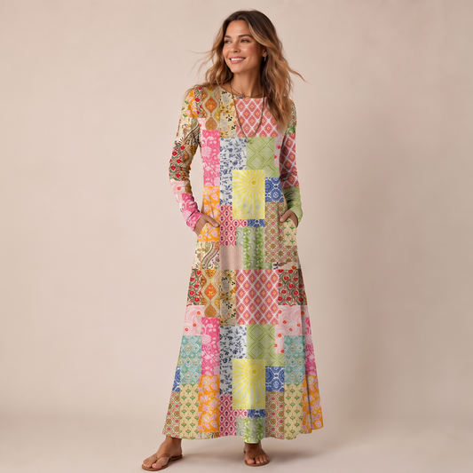 Colorful Bohemian Patchwork Print Soft-Touch Stretch Knit Long Sleeve Maxi Dress with Pockets