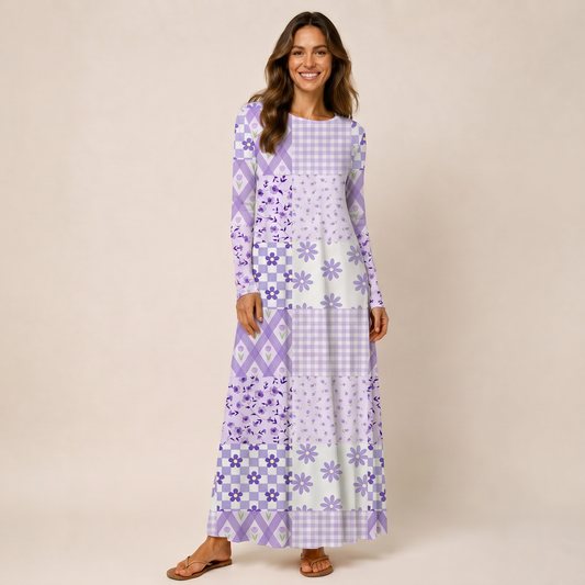Lavender Daisy & Gingham Print Soft-Touch Stretch Knit Long Sleeve Maxi Dress with Pockets