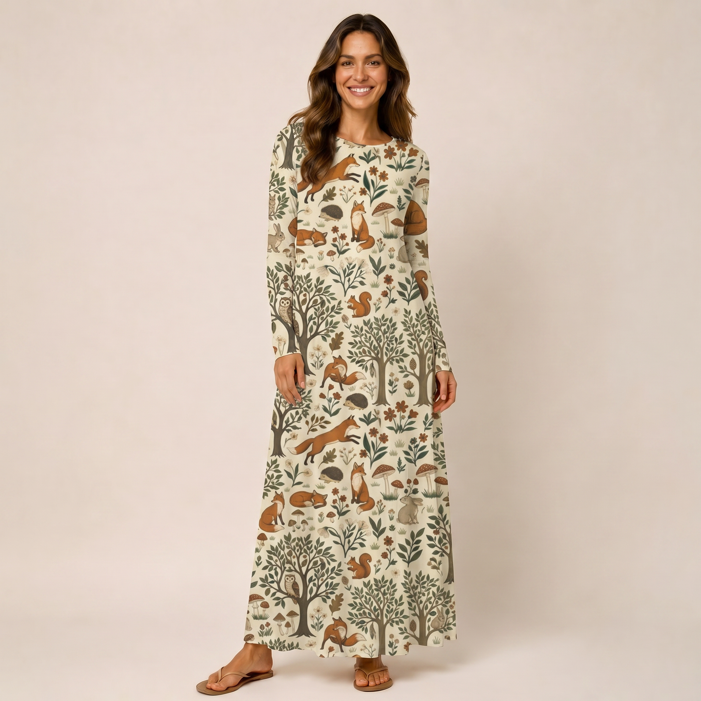 Woodland Creatures Print Soft-Touch Stretch Knit Long Sleeve Maxi Dress with Pockets