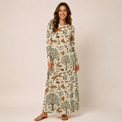 Woodland Creatures Print Soft-Touch Stretch Knit Long Sleeve Maxi Dress with Pockets