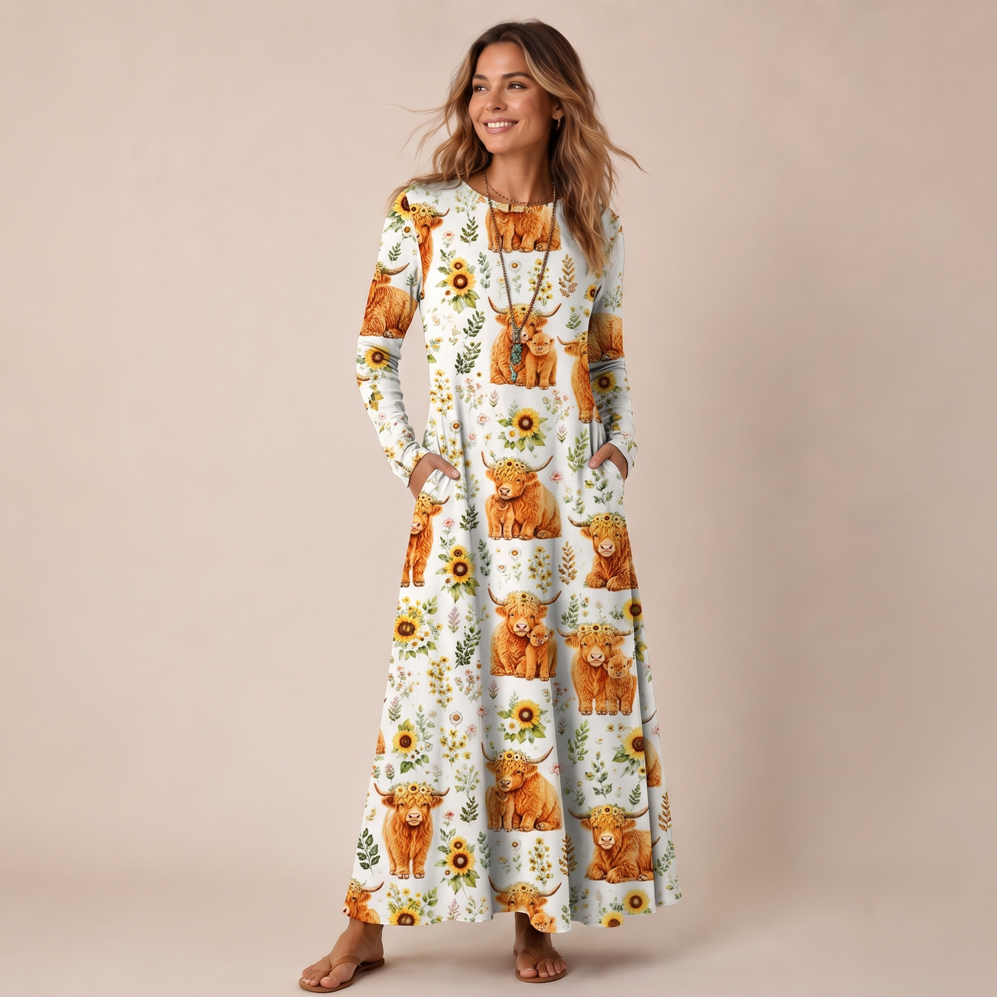 Spring Highland Cow Floral Print Soft-Touch Stretch Knit Long Sleeve Maxi Dress with Pockets