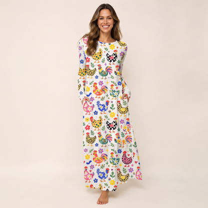 Funky Retro Chicken Print Soft-Touch Stretch Knit Long Sleeve Maxi Dress with Pockets