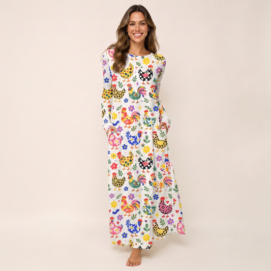 Funky Retro Chicken Print Soft-Touch Stretch Knit Long Sleeve Maxi Dress with Pockets