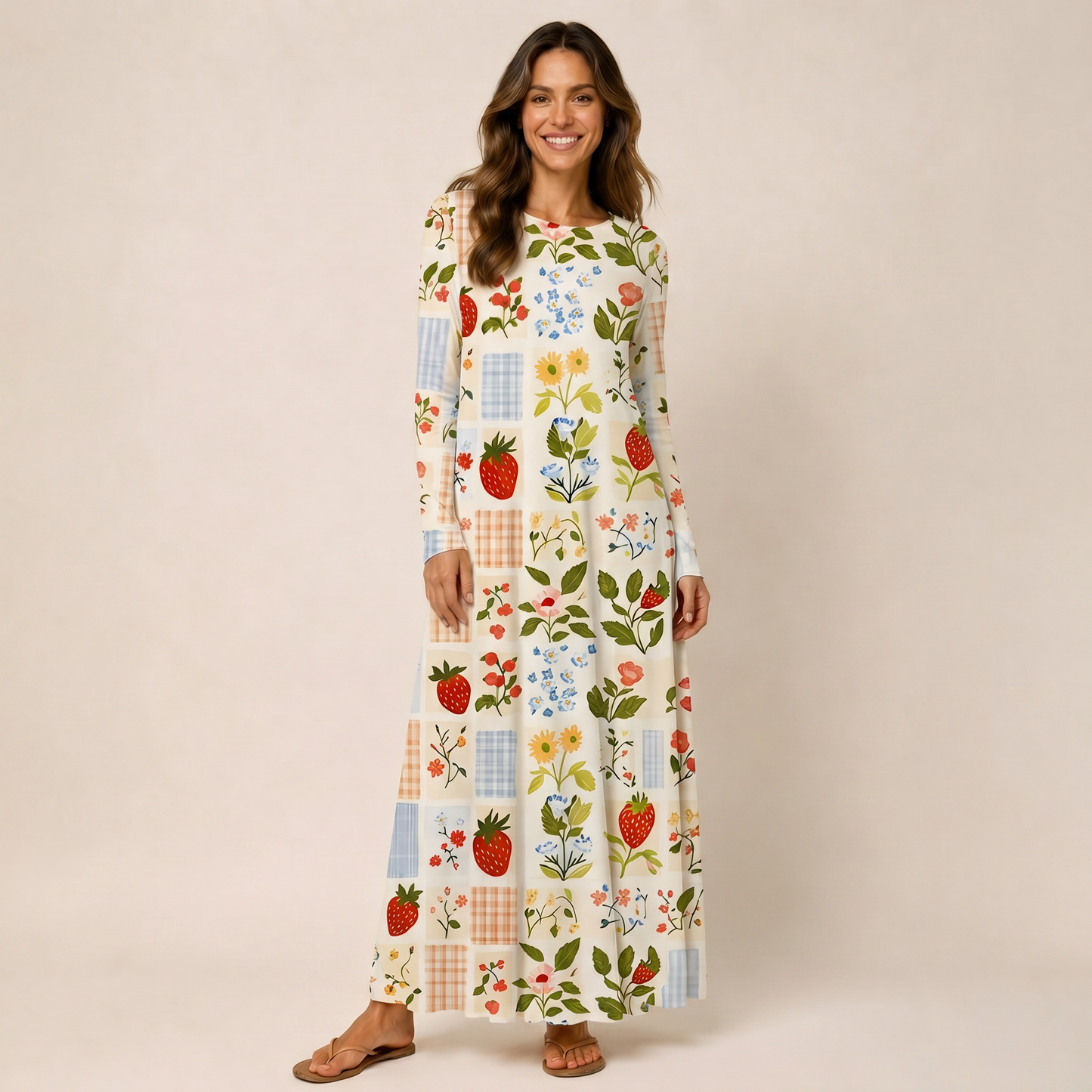 Strawberry Garden Patchwork Print Soft-Touch Stretch Knit Long Sleeve Maxi Dress with Pockets
