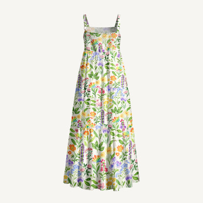 Colorful Wildflower Meadow Print Wide Straps Maxi Dress With Pockets