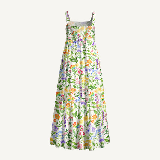 Colorful Wildflower Meadow Print Wide Straps Maxi Dress With Pockets