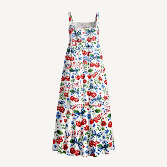 Americana Cherry Blossoms Print Wide Straps Maxi Dress With Pockets