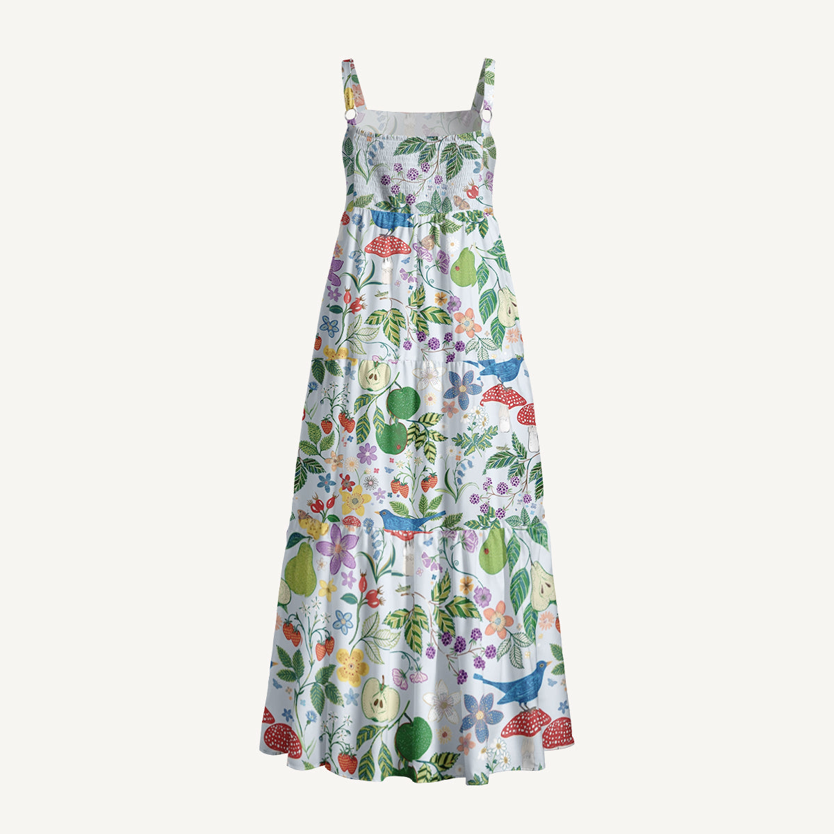 Birds Pear Mushroom Print Wide Straps Maxi Dress With Pockets