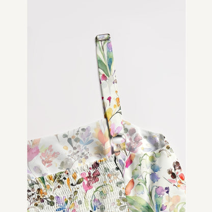Watercolor Wildflower Garden Print Wide Straps Maxi Dress With Pockets
