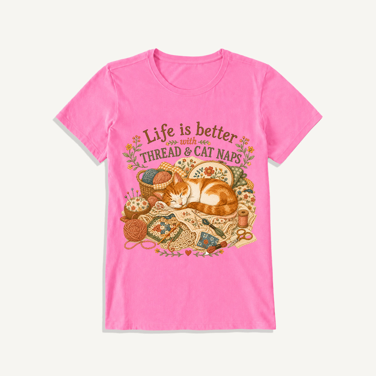 Thread and Cat Naps Print Crew Neck Cotton Tee