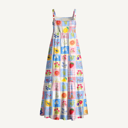 Watercolor Fruit Blossom Print Wide Straps Maxi Dress With Pockets