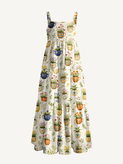 Whimsical Teacup Garden Print Wide Straps Maxi Dress With Pockets