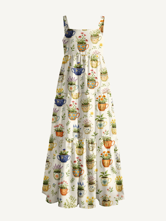 Whimsical Teacup Garden Print Wide Straps Maxi Dress With Pockets