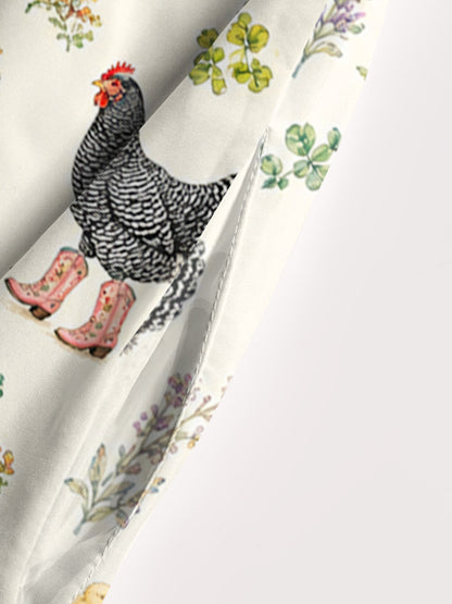 Booted Chickens Print Wide Straps Maxi Dress With Pockets