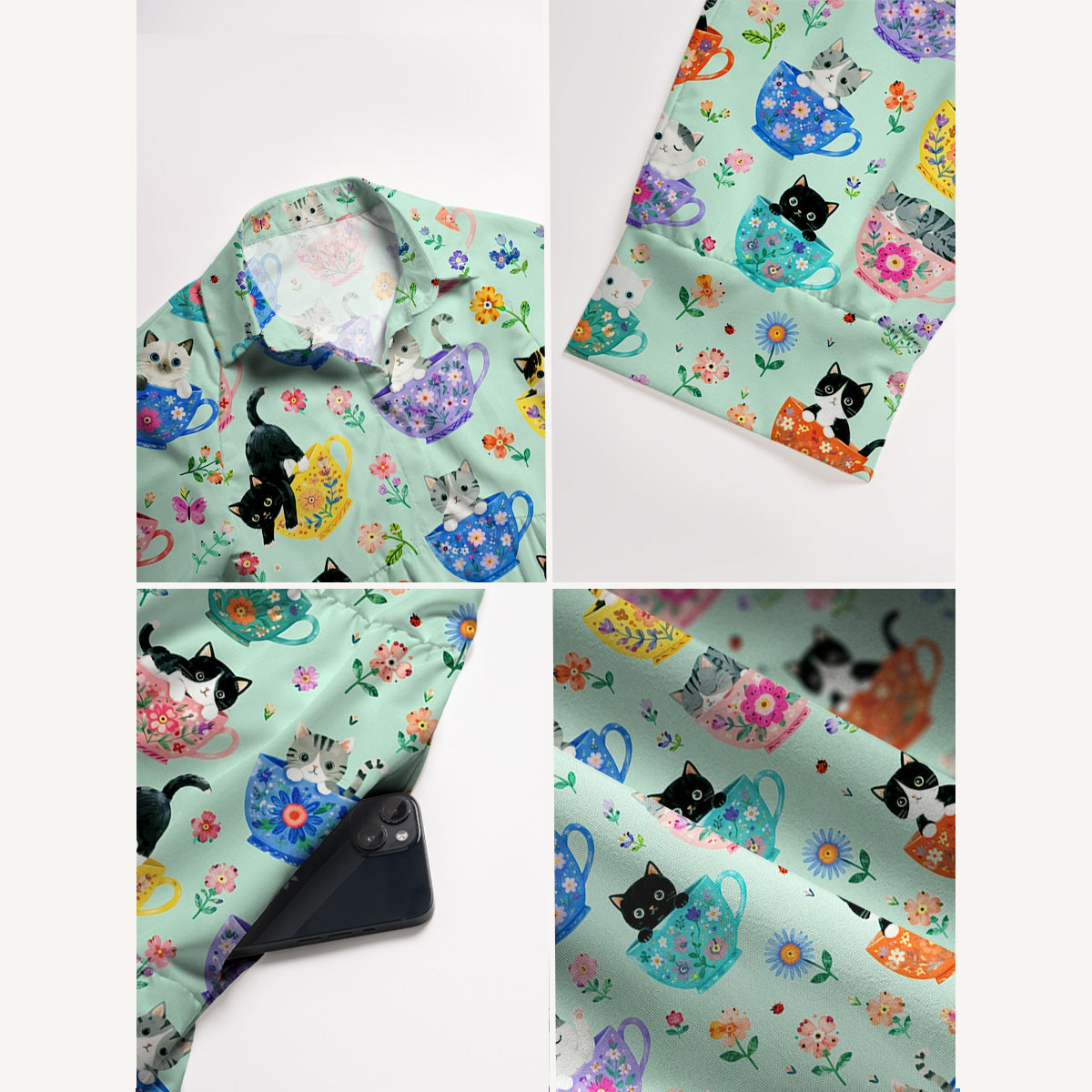 V Neck Collared Cute Teacup Kitten Print Casual Midi Dress With Pockets