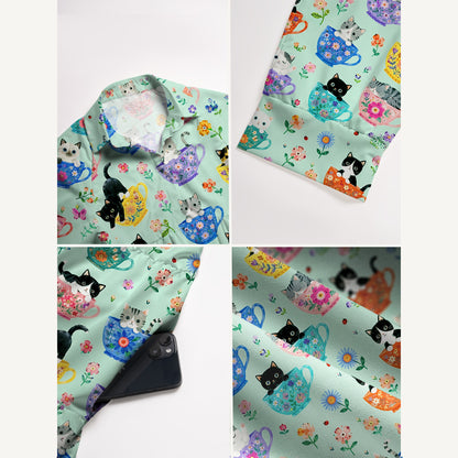 V Neck Collared Cute Teacup Kitten Print Casual Midi Dress With Pockets