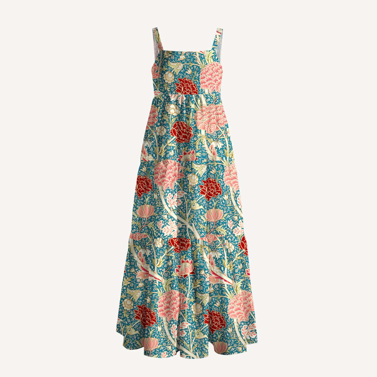 Vintage Peony Lotus Floral Print Wide Straps Maxi Dress With Pockets