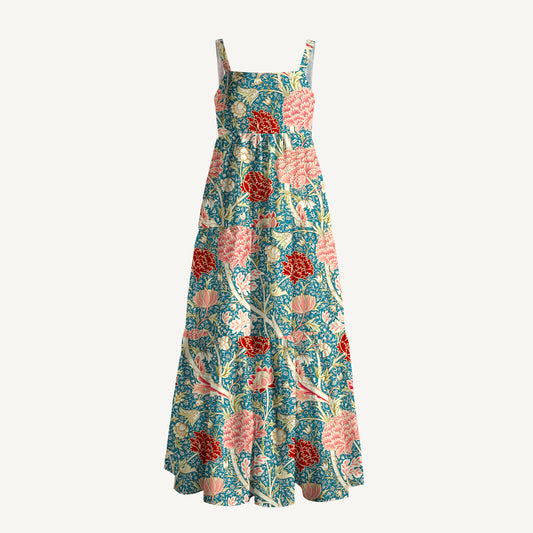 Vintage Peony Lotus Floral Print Wide Straps Maxi Dress With Pockets