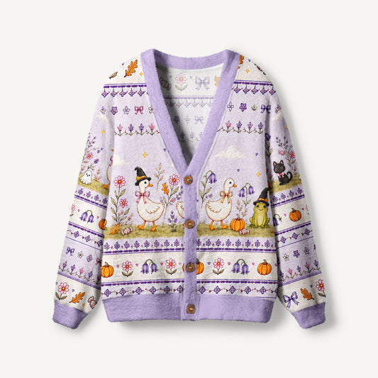Witchy Goose Garden Print Halloween Ugly Cardigan Sweaters