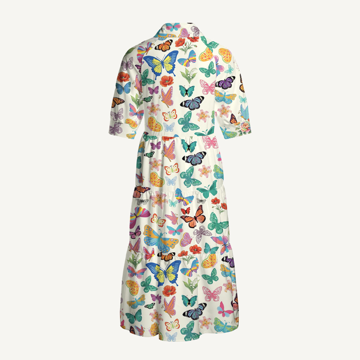 V Neck Collared Rainbow Butterfly Garden Print Casual Midi Dress With Pockets
