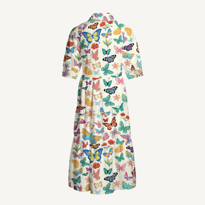 V Neck Collared Rainbow Butterfly Garden Print Casual Midi Dress With Pockets