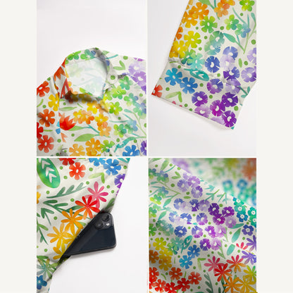 V Neck Collared Fun Rainbow Print Casual Midi Dress With Pockets