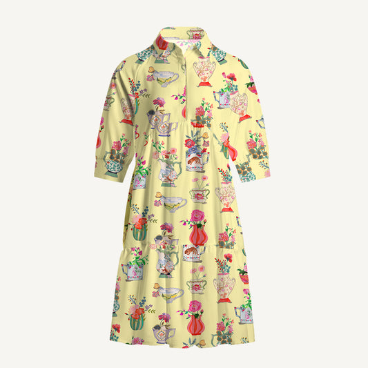 V Neck Collared Colorful Flower Vase Mini Dress For Women With Pockets