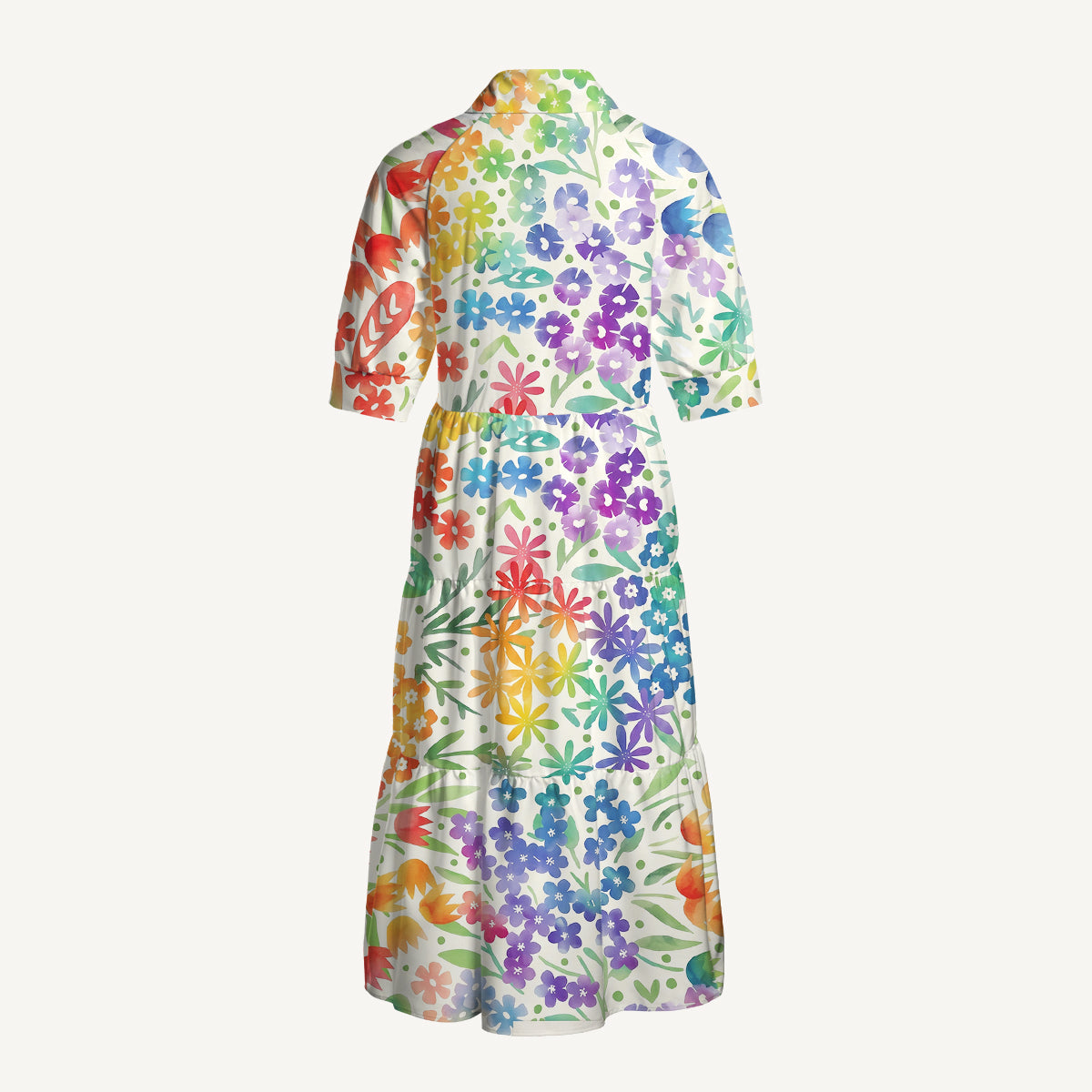 V Neck Collared Fun Rainbow Print Casual Midi Dress With Pockets
