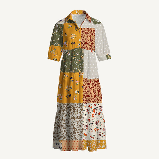 V Neck Collared Rustic Floral Patchwork Print Casual Midi Dress With Pockets