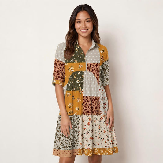 V Neck Collared Rustic Floral Patchwork Print Mini Dress For Women With Pockets
