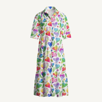 V Neck Collared Colorful Doodle Love Pattern Print Casual Midi Dress With Pockets