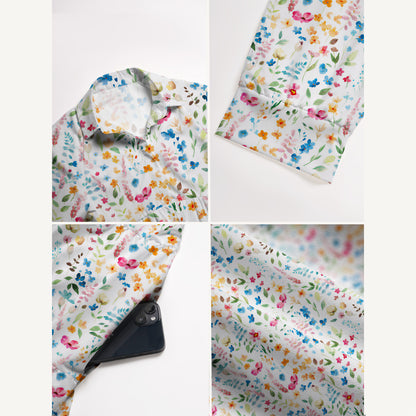 V Neck Collared Wildflower Dream Print Casual Midi Dress With Pockets
