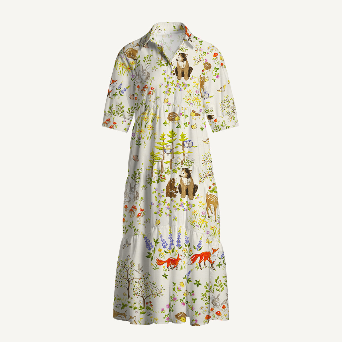 V Neck Collared Whimsical Forest Animals Print Casual Midi Dress With Pockets