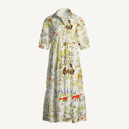 V Neck Collared Whimsical Forest Animals Print Casual Midi Dress With Pockets