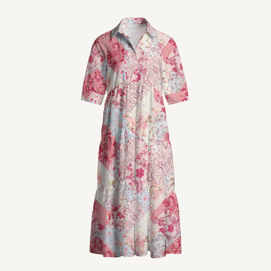 V Neck Collared Shabby Chic Floral Patchwork Print Casual Midi Dress With Pockets